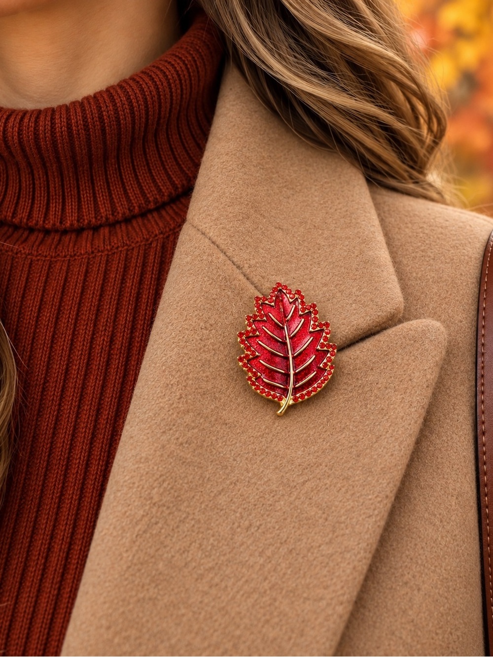 NEW Red Rhinestone Leaf Brooch Gold Tone Fall Autumn Pin